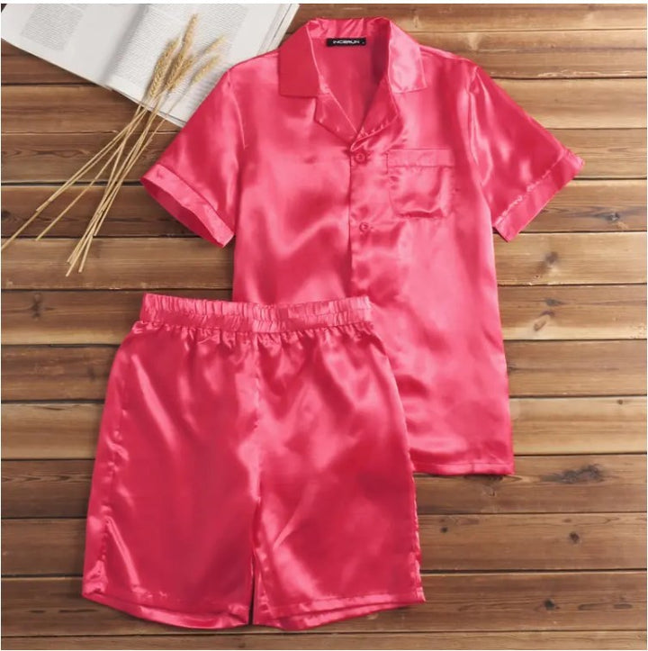 Damen Satin-Pyjama-Set mit kurzer Hose und elegantem Kragen Echoarchiv