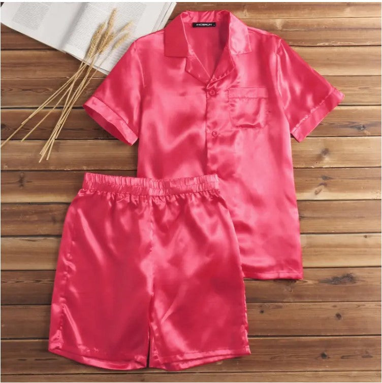 Unisex nan seidig-glänzendes Kurzarm-Pyjama-Set mit Hemdkragen und elastischem Bund Echo Archiv