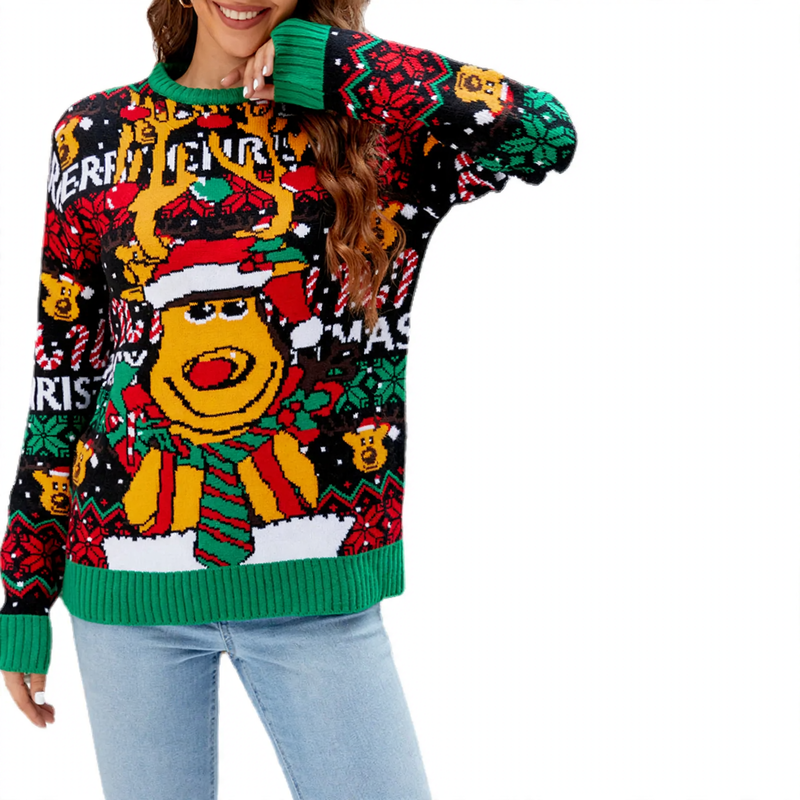 Lockerer Damen-Weihnachtspullover mit Tiermotiv