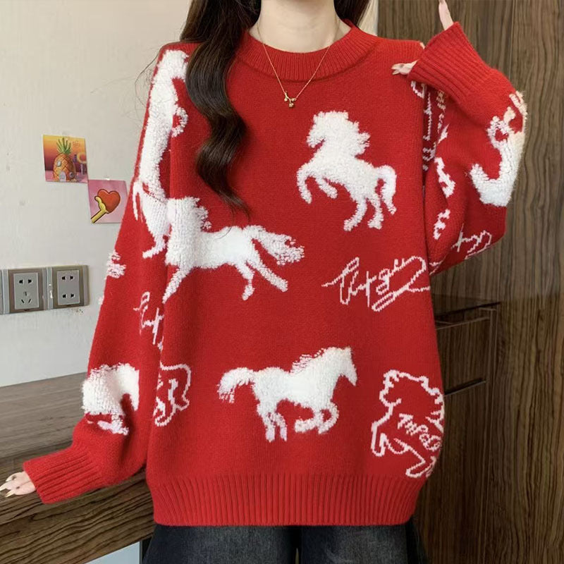 Roter Damen-Strickpullover mit Pferdestickerei
