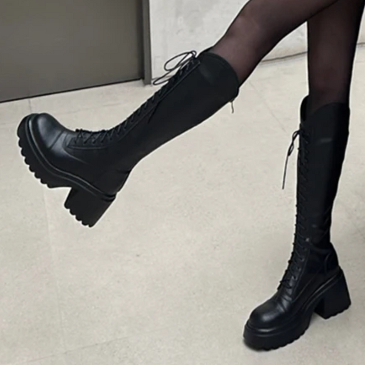 Echoarchiv | Hohe Stiefel Damenstiefel mit Schnürung und Robuster Ferse