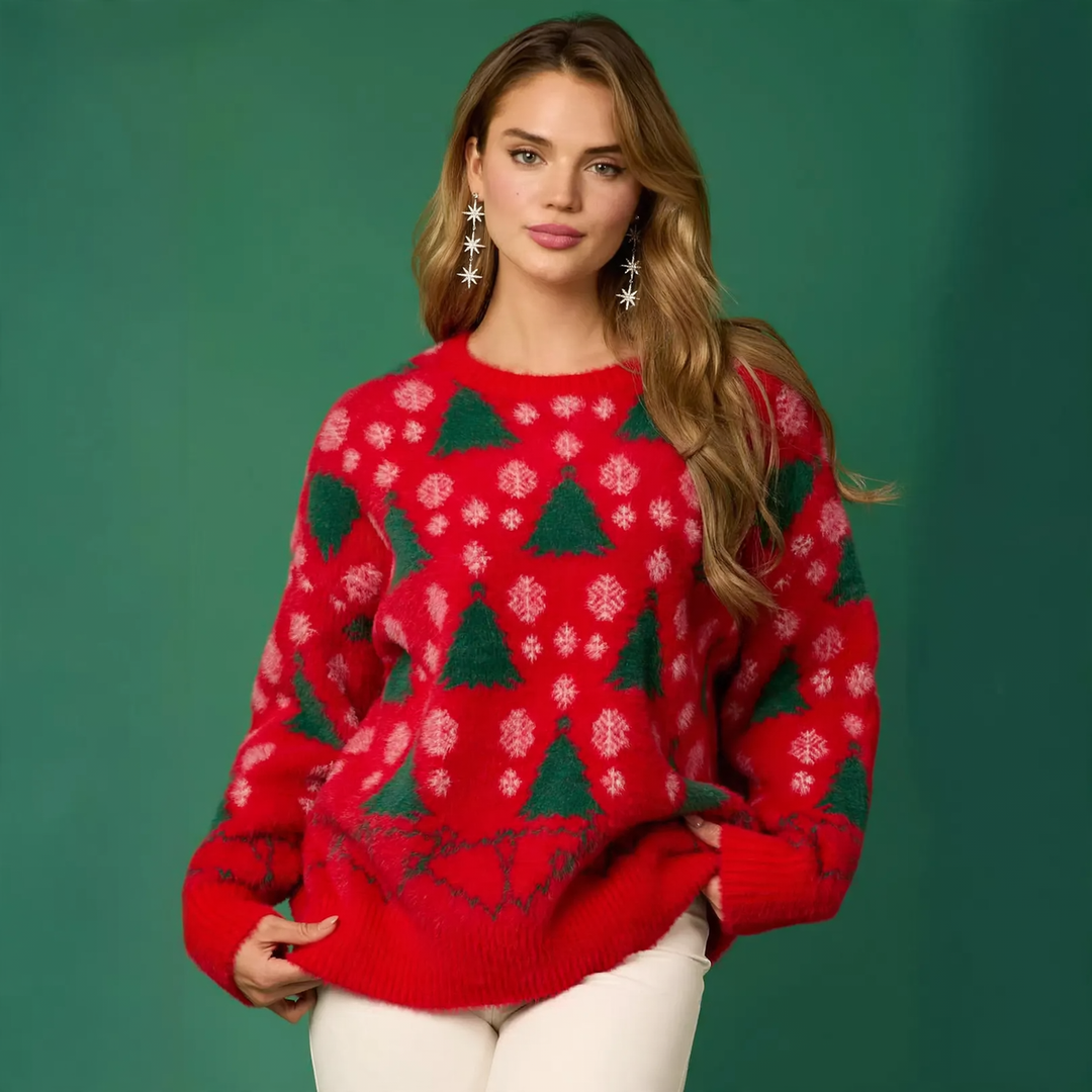 Damen-Weihnachtspullover mit Rentier- und Baum-Motiv