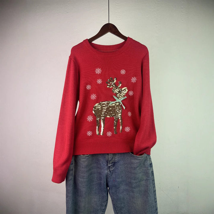 Damen-Weihnachtspullover mit Rentier-Stickerei und Pailletten