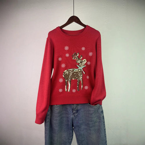 Damen-Weihnachtspullover mit Rentier-Stickerei und Pailletten
