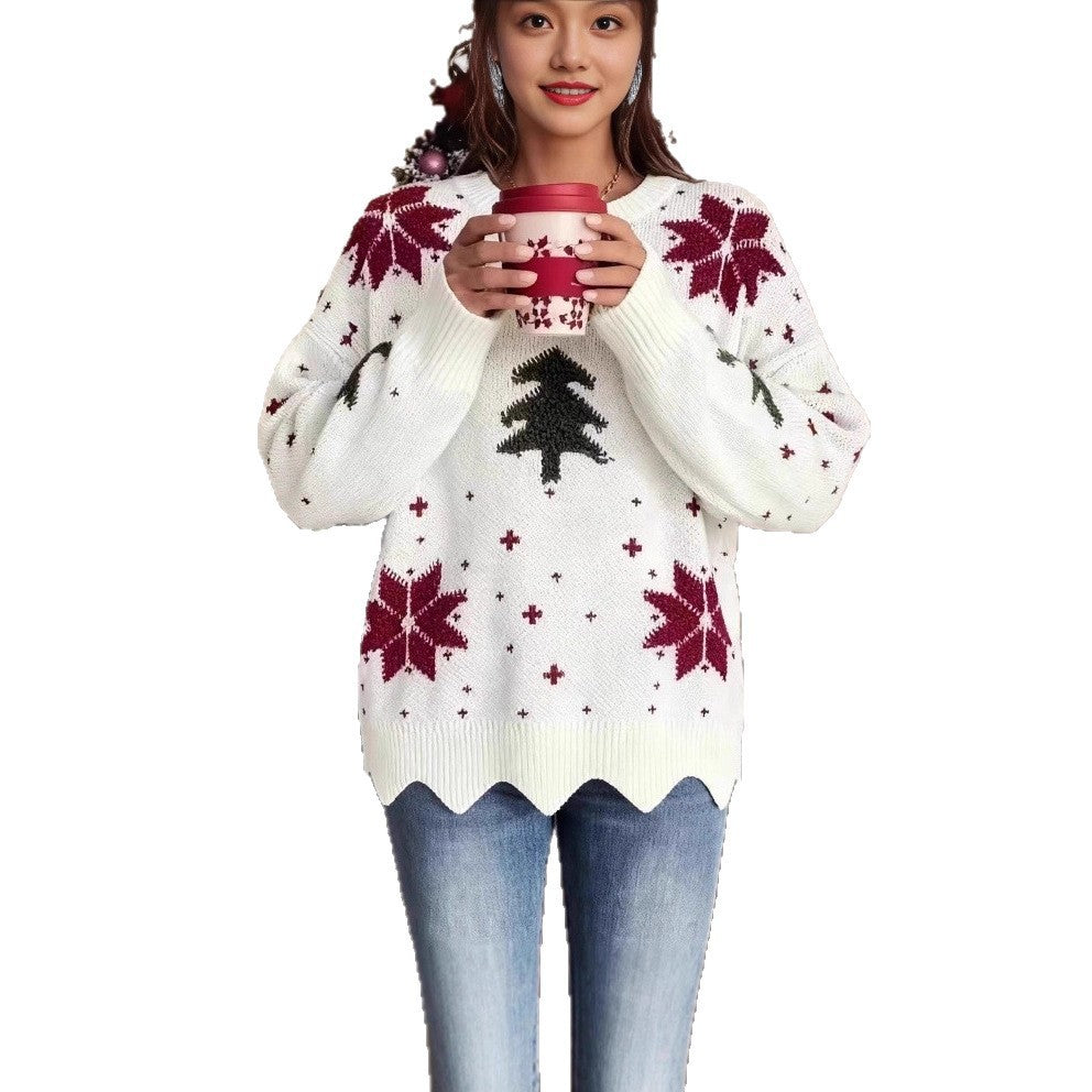 Damen-Strickpullover mit Rundhalsausschnitt und Blumenmuster