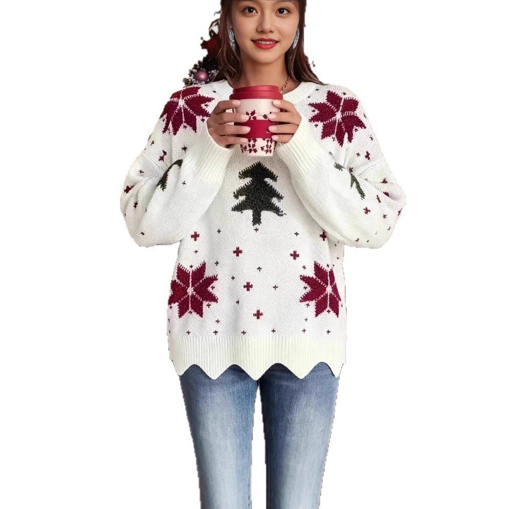 Damen-Strickpullover mit Rundhalsausschnitt und Blumenmuster