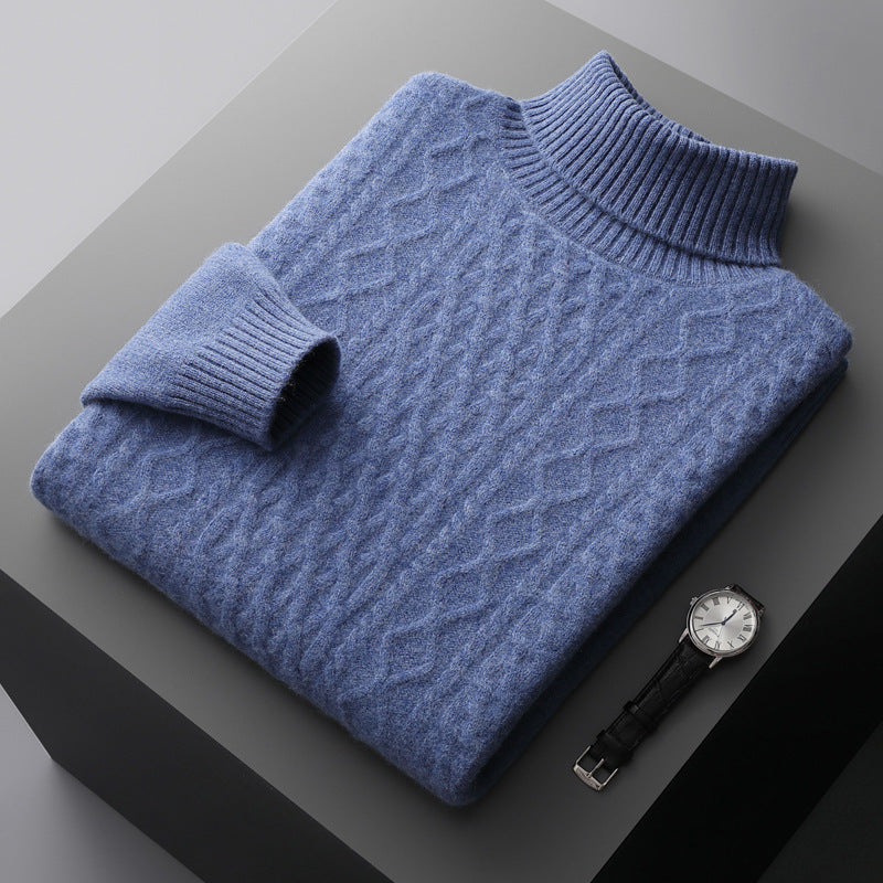 Herren-Wollpullover mit Reverskragen und Zopfmuster