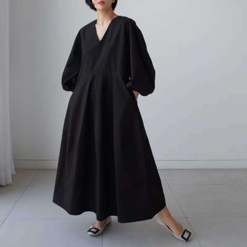Damen Maxikleid mit V-Ausschnitt, Ballonärmeln und taillierter Teilungsnaht – Valéora