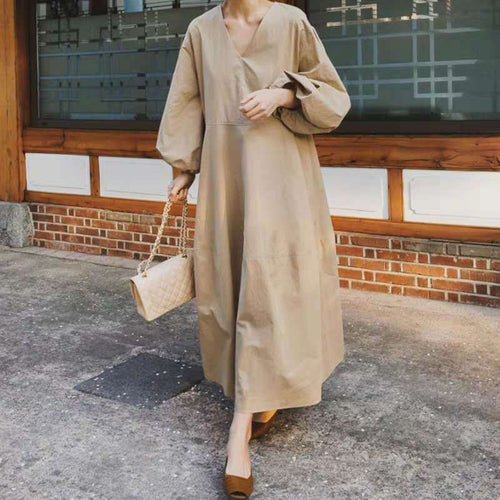 Damen Maxikleid mit V-Ausschnitt, Ballonärmeln und taillierter Teilungsnaht – Valéora
