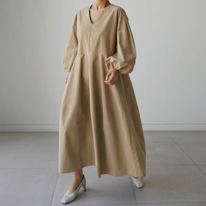 Damen Maxikleid mit V-Ausschnitt, Ballonärmeln und taillierter Teilungsnaht – Valéora