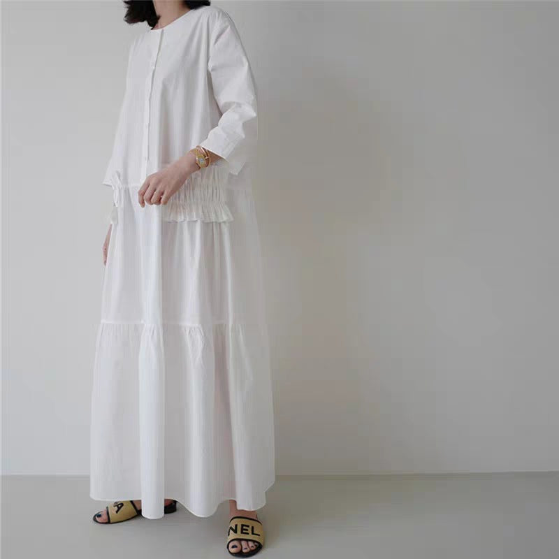 Damen Maxikleid im Stufenlook mit Volant-Taschen und dreiviertelärmeln – Valéora