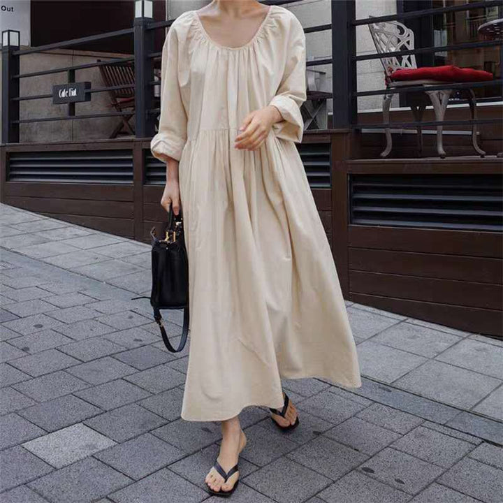 Damen Langes Baumwoll-Maxikleid mit gerafftem Halsausschnitt, Empire-Naht und Halbarm Echoarchiv