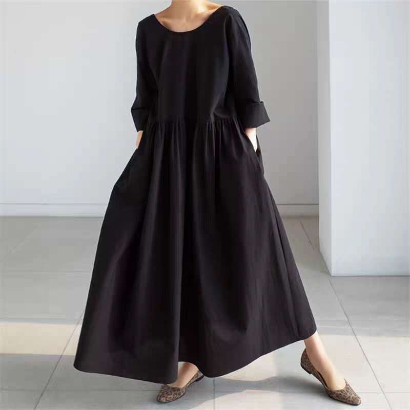 Damen Langes Baumwoll-Maxikleid mit gerafftem Halsausschnitt, Empire-Naht und Halbarm Echoarchiv