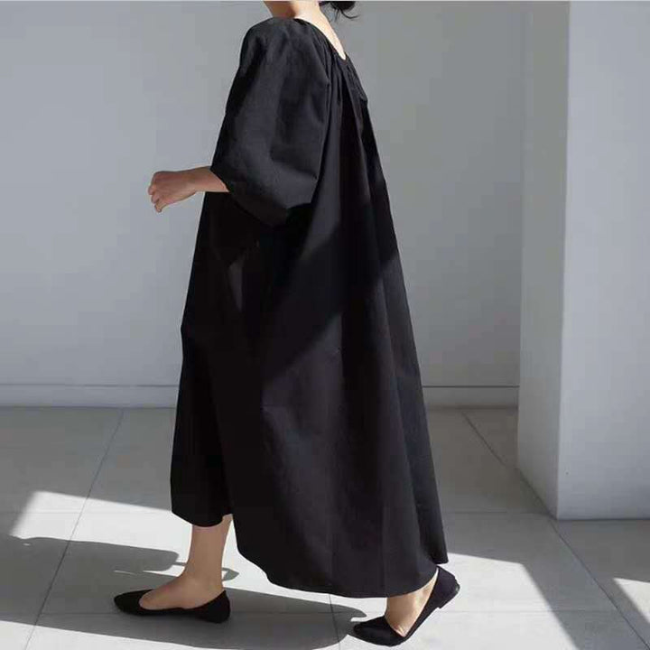 Damen Lockeres Smock-Maxikleid mit gerafftem Rundhalsausschnitt, Ballonärmeln und Eingrifftaschen – Valéora