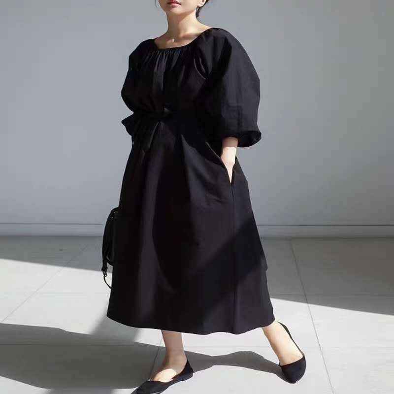 Damen Lockeres Smock-Maxikleid mit gerafftem Rundhalsausschnitt, Ballonärmeln und Eingrifftaschen – Valéora