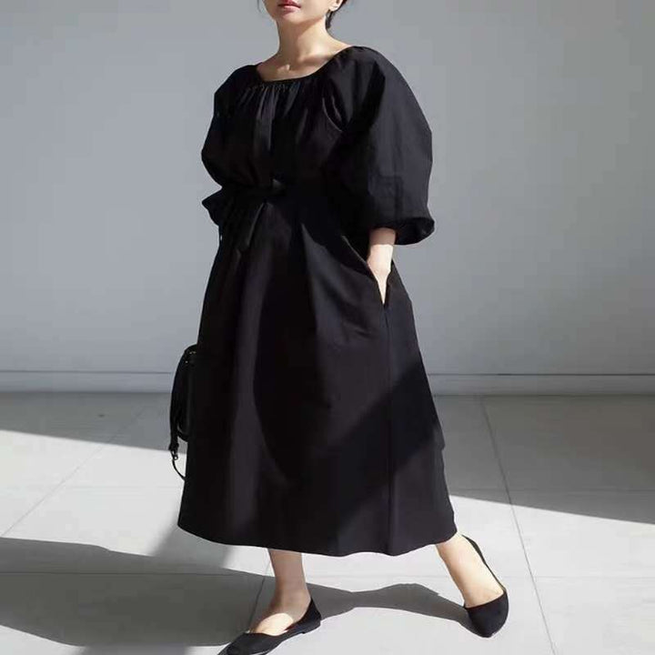 Damen Lockeres Smock-Maxikleid mit gerafftem Rundhalsausschnitt, Ballonärmeln und Eingrifftaschen – Valéora
