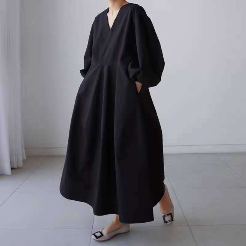 Damen Maxikleid mit V-Ausschnitt, Ballonärmeln und taillierter Teilungsnaht – Valéora