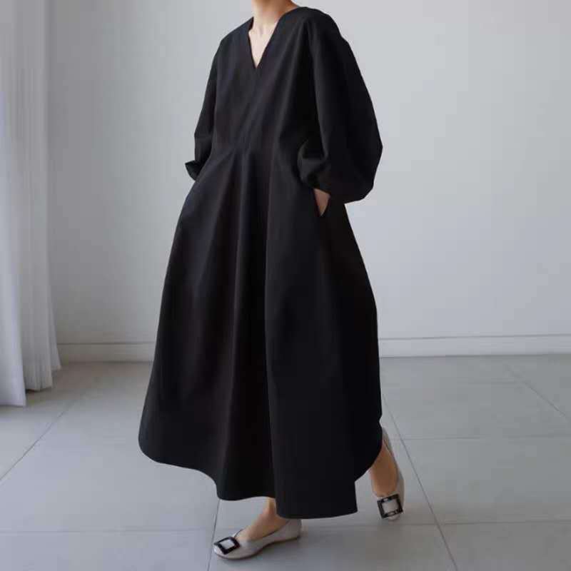 Damen Maxikleid mit V-Ausschnitt, Ballonärmeln und taillierter Teilungsnaht – Valéora