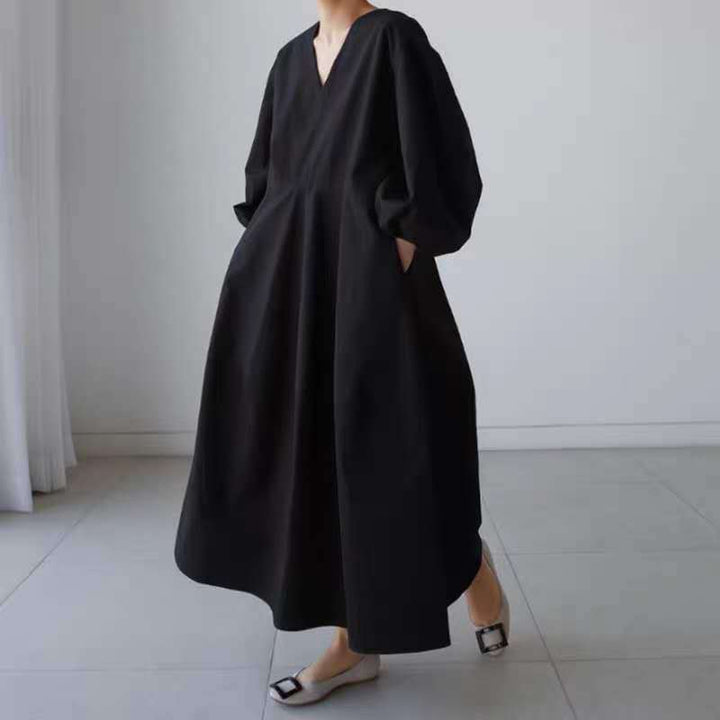 Damen Maxikleid mit V-Ausschnitt, Ballonärmeln und taillierter Teilungsnaht – Valéora