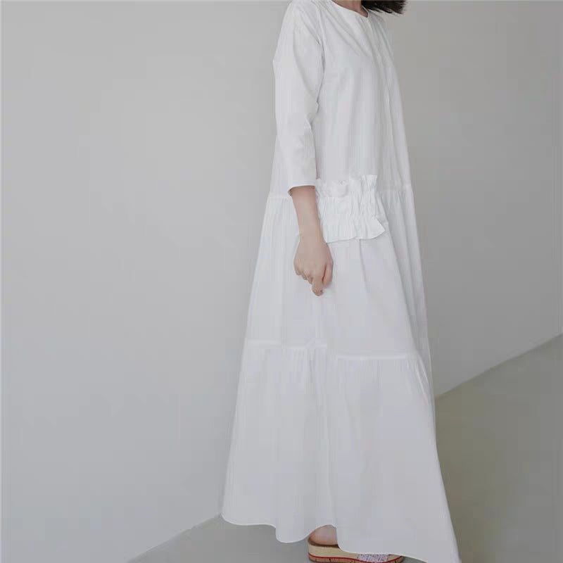 Damen Maxikleid im Stufenlook mit Volant-Taschen und dreiviertelärmeln – Valéora