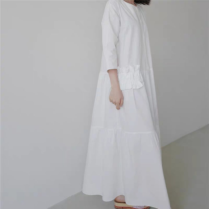 Damen Maxikleid im Stufenlook mit Volant-Taschen und dreiviertelärmeln – Valéora