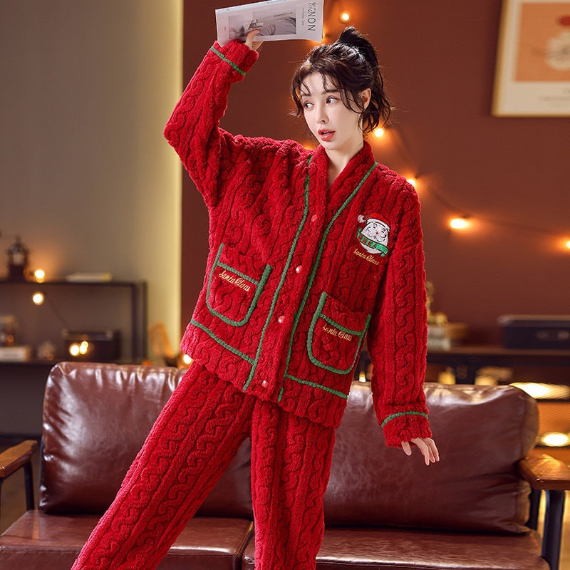 Damen-Weihnachtsschlafanzug, Flanell, V-Ausschnitt
