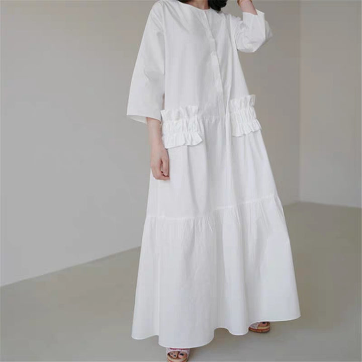 Damen Maxikleid im Stufenlook mit Volant-Taschen und dreiviertelärmeln – Valéora