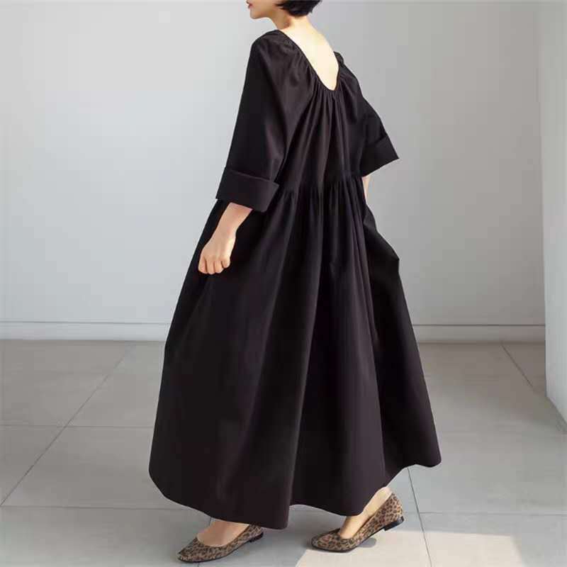 Damen Langes Baumwoll-Maxikleid mit gerafftem Halsausschnitt, Empire-Naht und Halbarm Echoarchiv