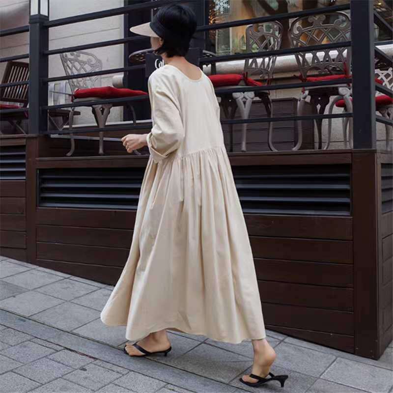 Damen Langes Baumwoll-Maxikleid mit gerafftem Halsausschnitt, Empire-Naht und Halbarm Echoarchiv