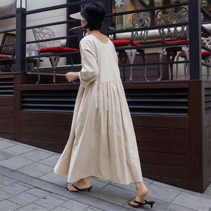 Damen Langes Baumwoll-Maxikleid mit gerafftem Halsausschnitt, Empire-Naht und Halbarm Echoarchiv