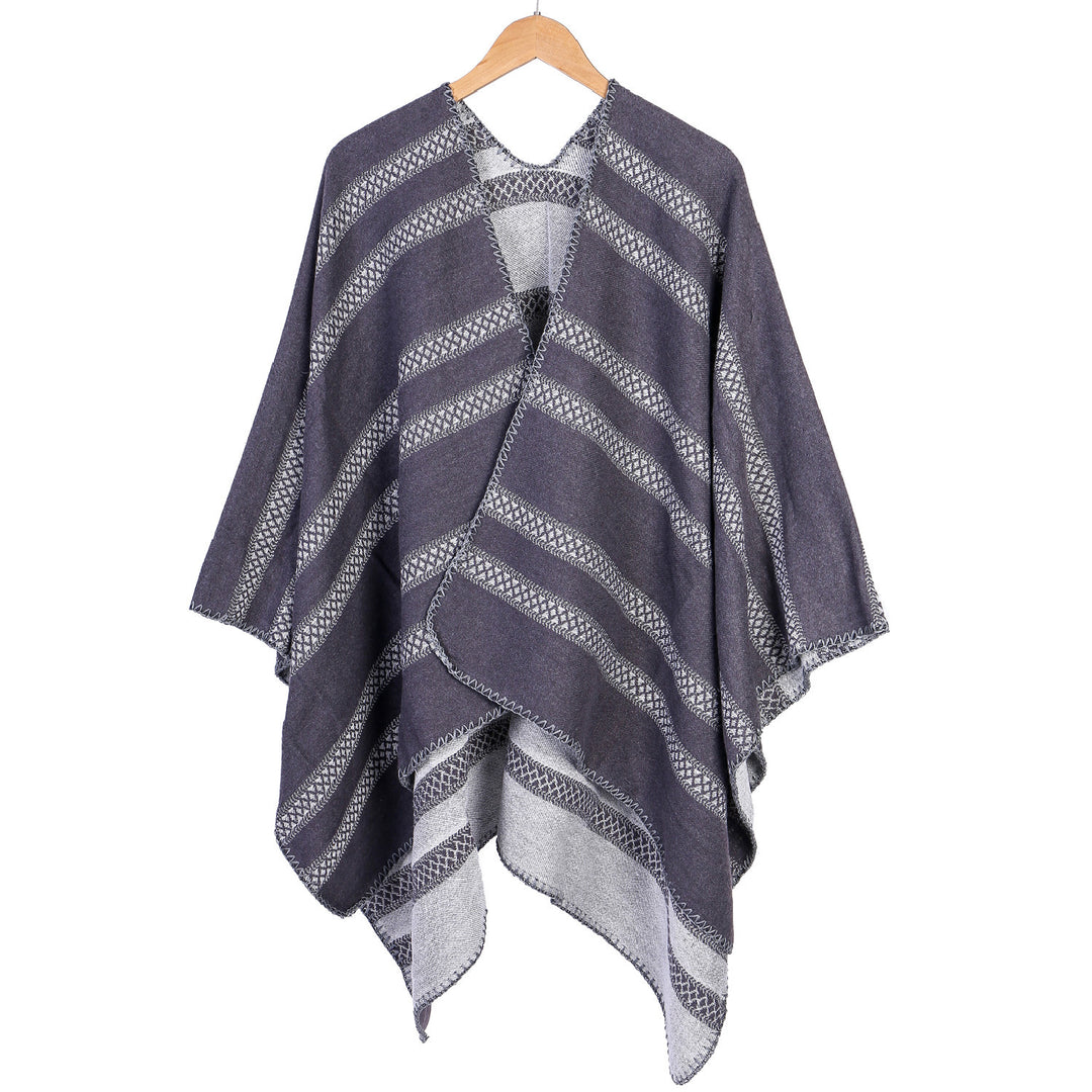 Damen Oversize-Ruana mit grafischen Längs‑Jacquardstreifen und offenem Kimono‑Fall Echo Archiv