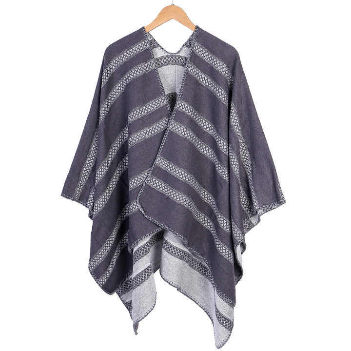 Damen Oversize-Ruana mit grafischen Längs‑Jacquardstreifen und offenem Kimono‑Fall Echo Archiv