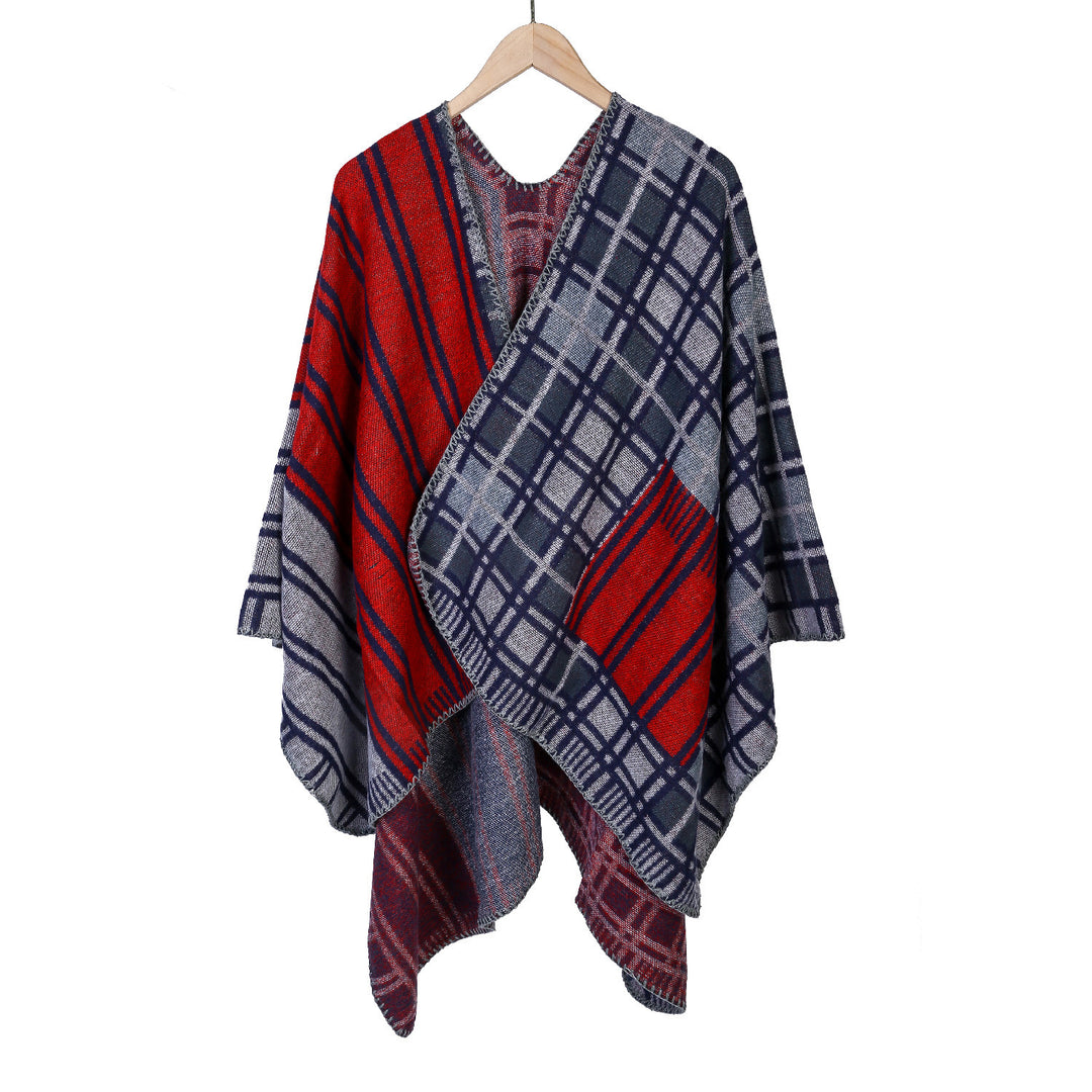 Damen Oversize-Ruana im Patch-Karo-Strick mit offenem Saum Echo Archiv