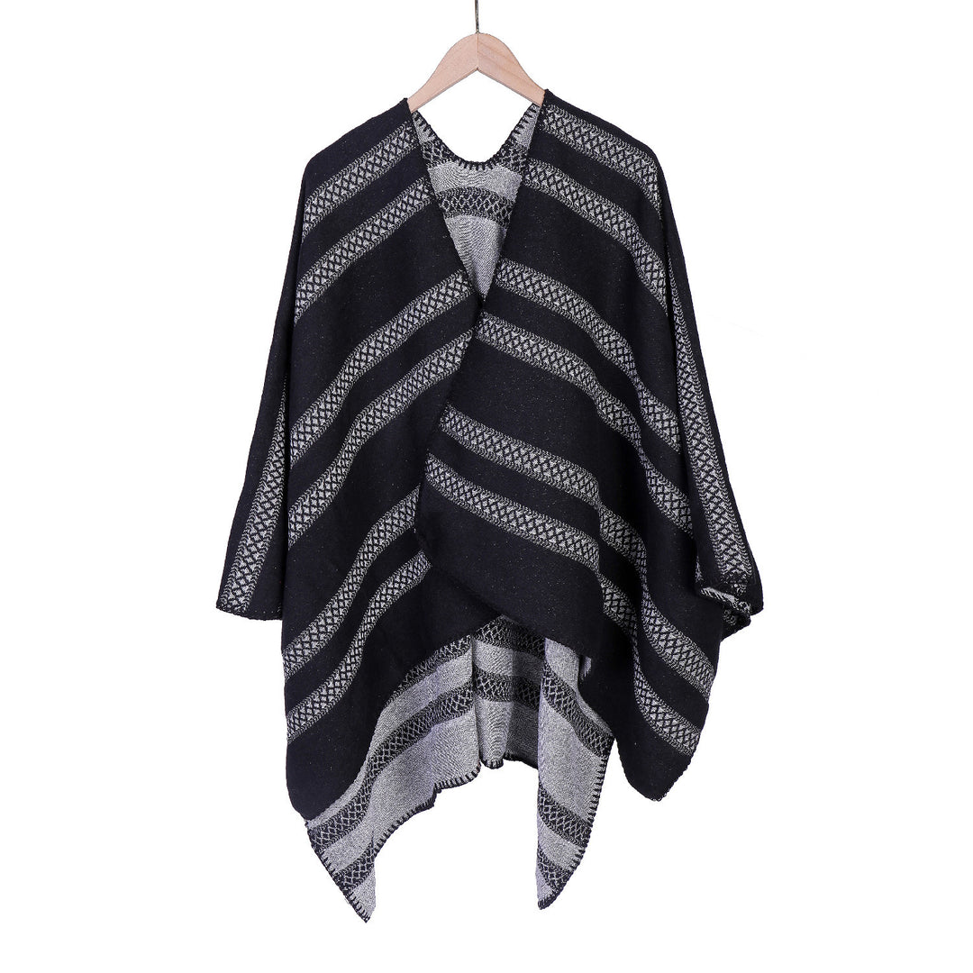 Damen Oversize-Ruana mit grafischen Längs‑Jacquardstreifen und offenem Kimono‑Fall Echo Archiv