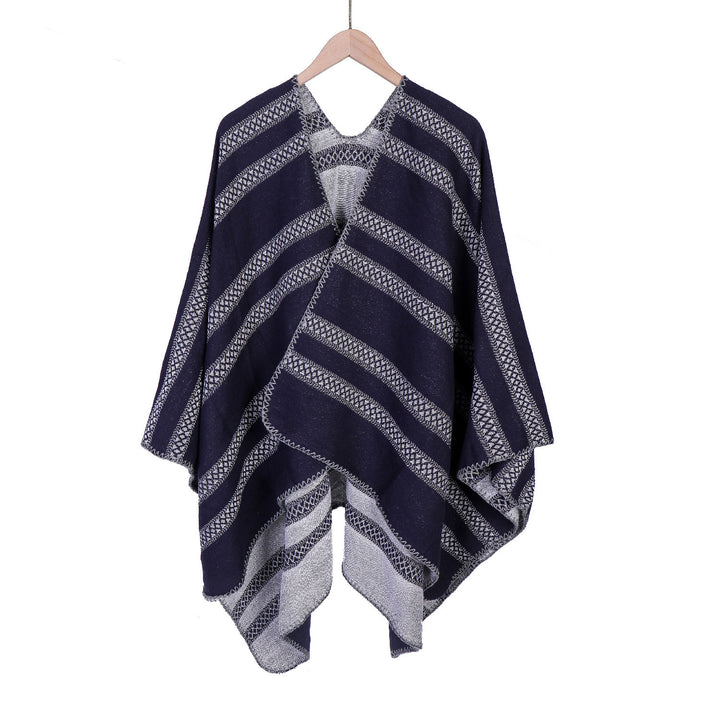 Damen Oversize-Ruana mit grafischen Längs‑Jacquardstreifen und offenem Kimono‑Fall Echo Archiv