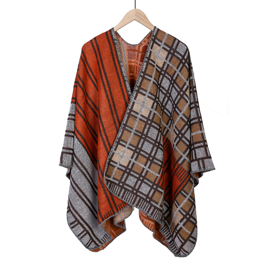 Damen Oversize-Ruana im Patch-Karo-Strick mit offenem Saum Echo Archiv
