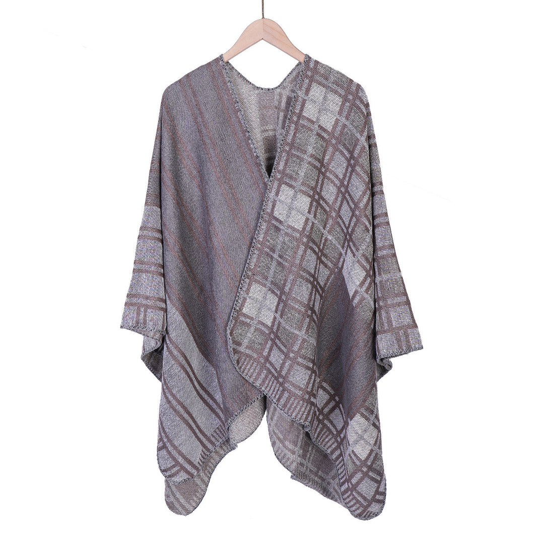 Damen Oversize-Ruana im Patch-Karo-Strick mit offenem Saum Echo Archiv