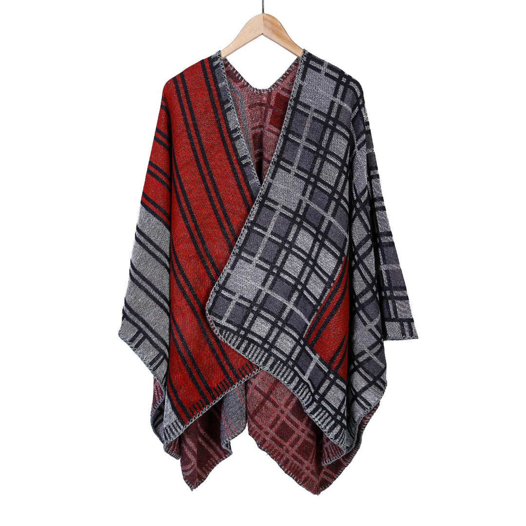 Damen Oversize-Ruana im Patch-Karo-Strick mit offenem Saum Echo Archiv