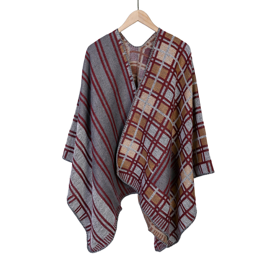 Damen Oversize-Ruana im Patch-Karo-Strick mit offenem Saum Echo Archiv