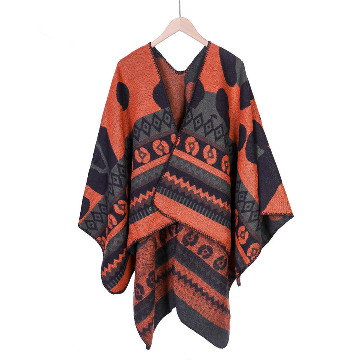 Damen Jacquard-Ruana‑Poncho mit Ethno‑Jacquard und offenem Oversize‑Fall Echo Archiv