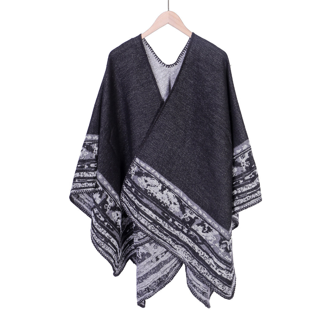 Damen Weichfallende Oversize-Ruana im Umhangstil mit ornamentaler Bordüre Echo Archiv