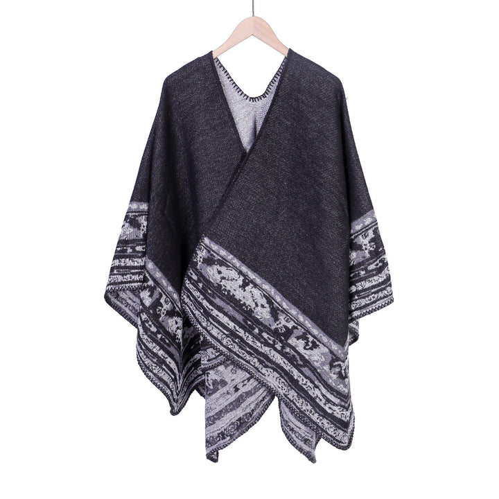 Damen Weichfallende Oversize-Ruana im Umhangstil mit ornamentaler Bordüre Echo Archiv