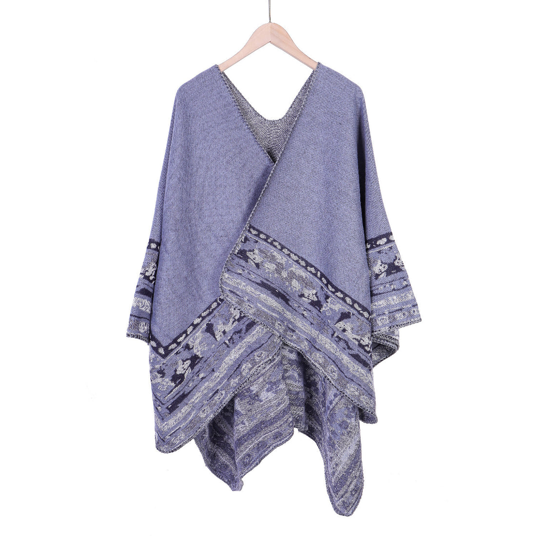 Damen Weichfallende Oversize-Ruana im Umhangstil mit ornamentaler Bordüre – Avérine