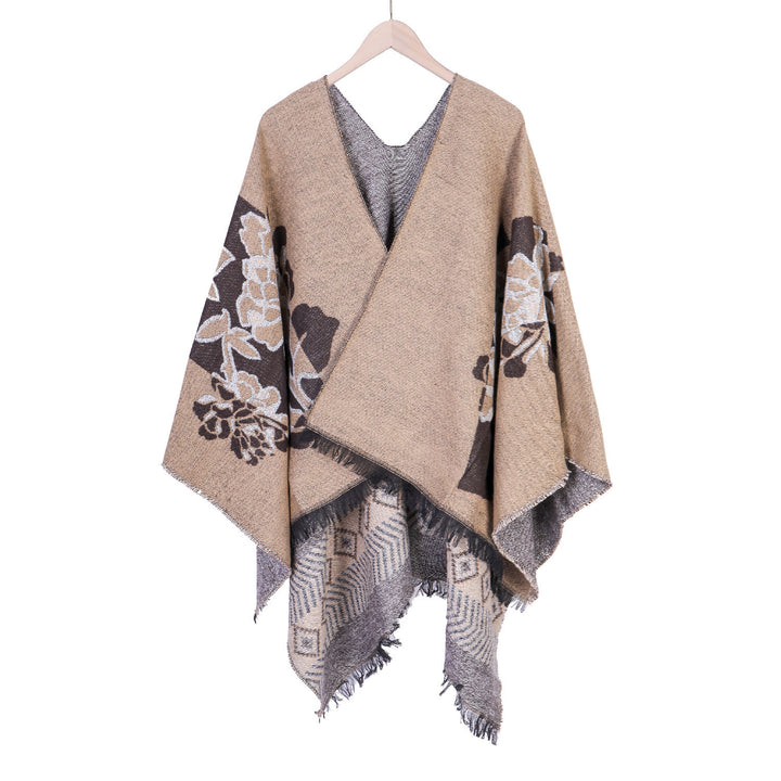 Damen Jacquard‑Ruana mit floralem Motiv, doppellagig und Fransensaum – Avérine