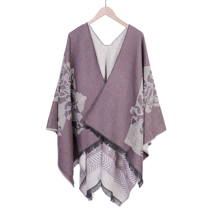 Damen Jacquard‑Ruana mit floralem Motiv, doppellagig und Fransensaum – Avérine