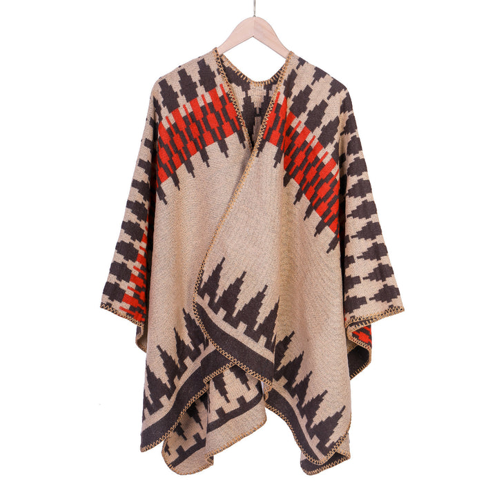 Damen Jacquard-Strickruana mit geometrischem Oversize-Fall und V-Ausschnitt Echo Archiv