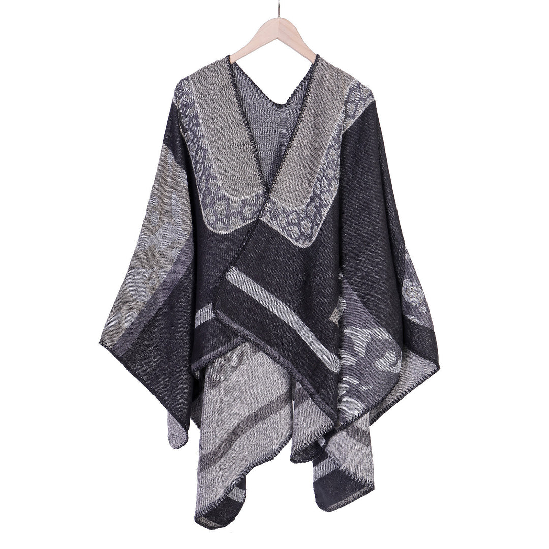 Damen Jacquard-Wollmix Ruana-Poncho mit V-Ausschnitt und Ziernaht Echo Archiv