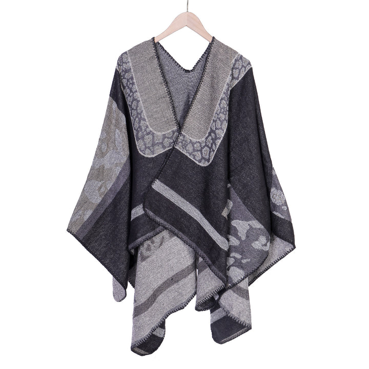 Damen Jacquard-Wollmix Ruana-Poncho mit V-Ausschnitt und Ziernaht Echo Archiv