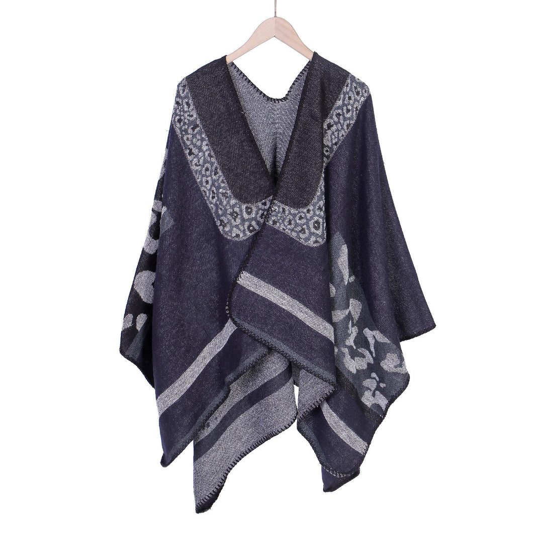 Damen Jacquard-Wollmix Ruana-Poncho mit V-Ausschnitt und Ziernaht Echo Archiv
