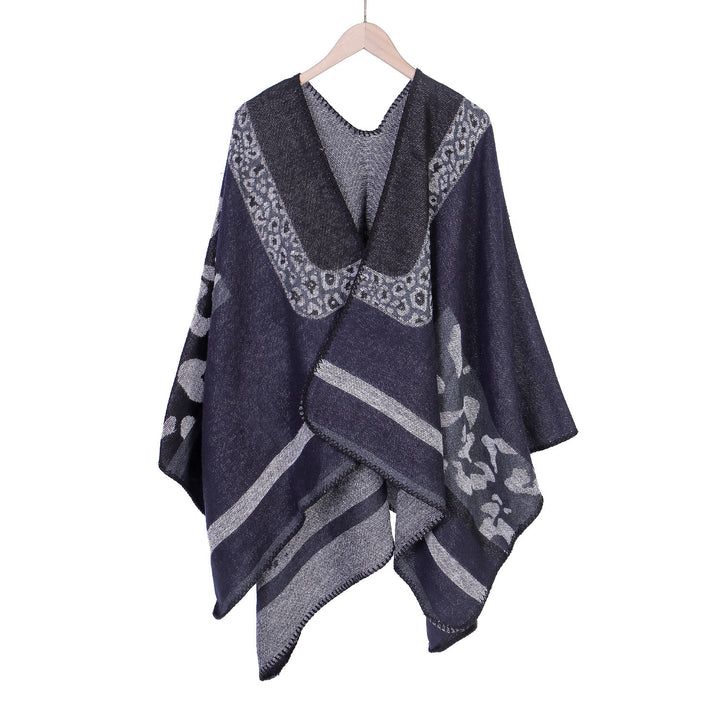 Damen Jacquard-Wollmix Ruana-Poncho mit V-Ausschnitt und Ziernaht Echo Archiv